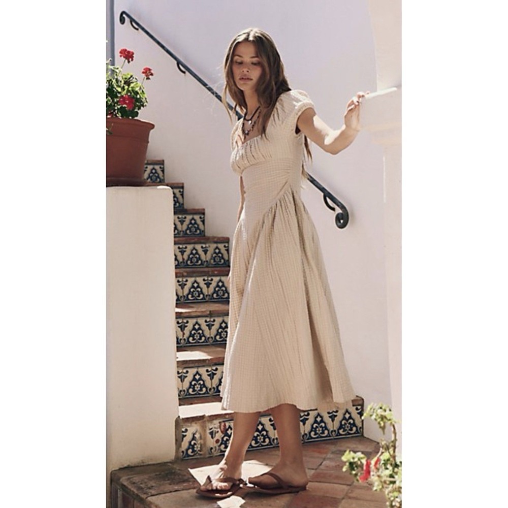 NWT Free People free-est Ciara Pucker Check Midi Dress Minimalist Size M Oatmeal - Picture 2 of 16